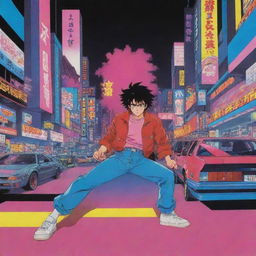 A detailed scene in the distinct bright and colorful aesthetics of 80's anime, showcasing dramatic action sequences and characteristic character designs.