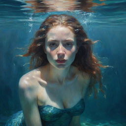 A suspenseful painting depicting a stern-faced mermaid under clear waters, her glare intense and predatory, an impending threat subtly suggested in her posture and expression.