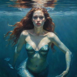 A suspenseful painting depicting a stern-faced mermaid under clear waters, her glare intense and predatory, an impending threat subtly suggested in her posture and expression.