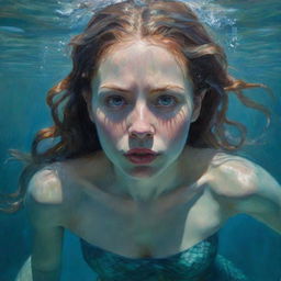 A suspenseful painting depicting a stern-faced mermaid under clear waters, her glare intense and predatory, an impending threat subtly suggested in her posture and expression.