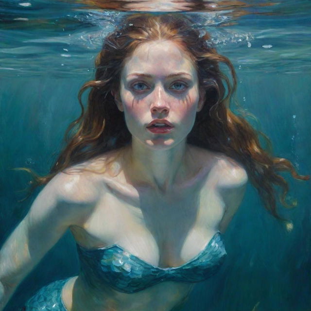 A suspenseful painting depicting a stern-faced mermaid under clear waters, her glare intense and predatory, an impending threat subtly suggested in her posture and expression.