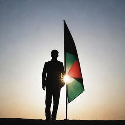 A tall man's silhouette outlined against a radiant sunrise, with a gently fluttering Palestinian flag on his shoulder. The sunrise glow illuminates his determined face, reflecting a bright future.