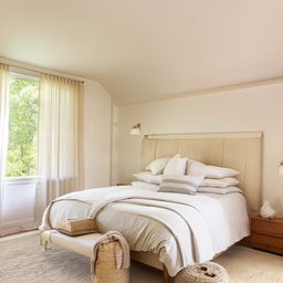 A cozy and serene bedroom with a light color theme. The room features soft tones and hues, inducing a sense of tranquility.