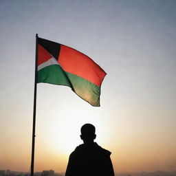 A tall man's silhouette outlined against a radiant sunrise, with a gently fluttering Palestinian flag on his shoulder. The sunrise glow illuminates his determined face, reflecting a bright future.