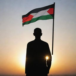 A tall man's silhouette outlined against a radiant sunrise, with a gently fluttering Palestinian flag on his shoulder. The sunrise glow illuminates his determined face, reflecting a bright future.