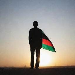 A tall man's silhouette outlined against a radiant sunrise, with a gently fluttering Palestinian flag on his shoulder. The sunrise glow illuminates his determined face, reflecting a bright future.