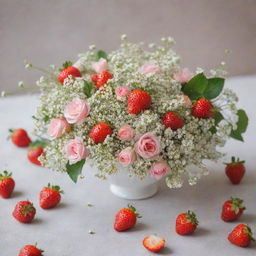 An idyllic image showcasing small white and pink flowers mixed with delicate gypsophila, strategically punctuated with a scattering of fresh, vibrant strawberries.