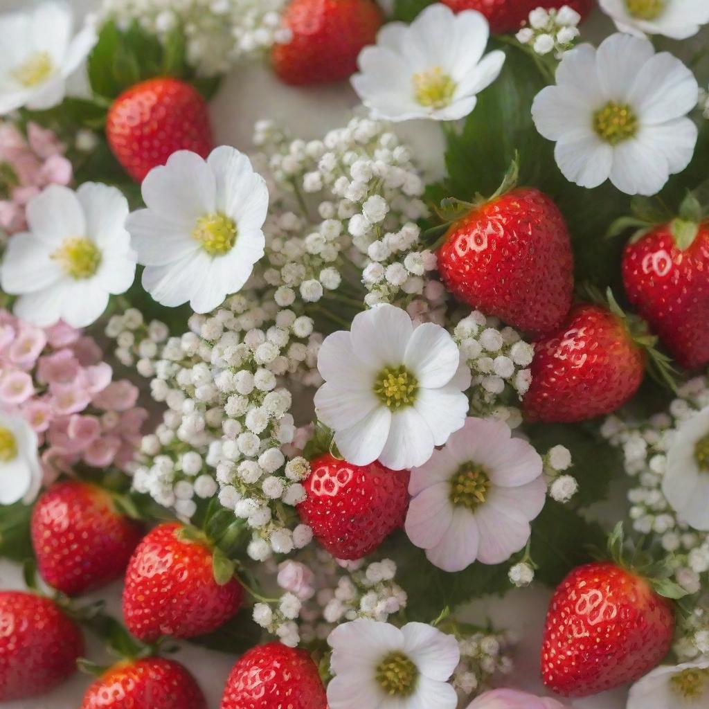 An idyllic image showcasing small white and pink flowers mixed with delicate gypsophila, strategically punctuated with a scattering of fresh, vibrant strawberries.