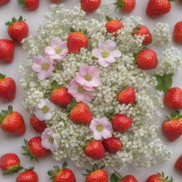 An idyllic image showcasing small white and pink flowers mixed with delicate gypsophila, strategically punctuated with a scattering of fresh, vibrant strawberries.