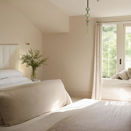 A cozy and serene bedroom with a light color theme. The room features soft tones and hues, inducing a sense of tranquility.