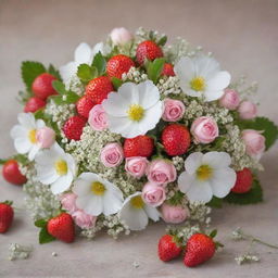 An idyllic image showcasing small white and pink flowers mixed with delicate gypsophila, strategically punctuated with a scattering of fresh, vibrant strawberries.