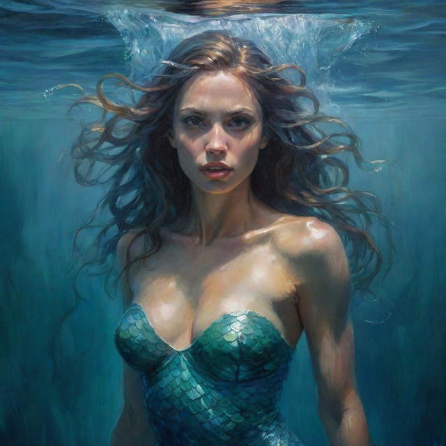 A dramatic painting of a dangerous-looking mermaid beneath the serene waters, her intense gaze locked onto you and muscles coiled to strike, exuding imminent menace.