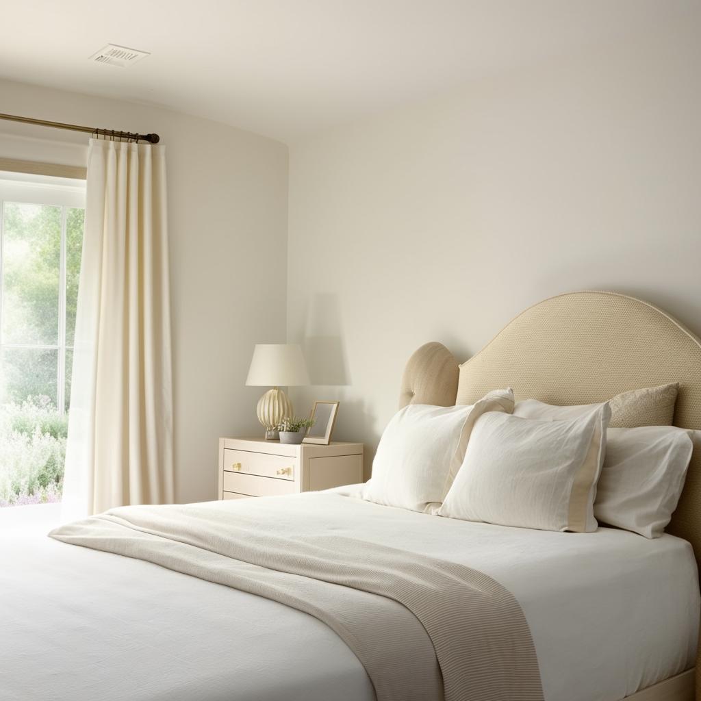 A calming and inviting bedroom with a light color theme. The room should contain essentials like a bed, nightstands, and lamps, all adhering to the light and airy color palette.