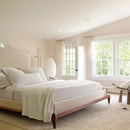 A calming and inviting bedroom with a light color theme. The room should contain essentials like a bed, nightstands, and lamps, all adhering to the light and airy color palette.