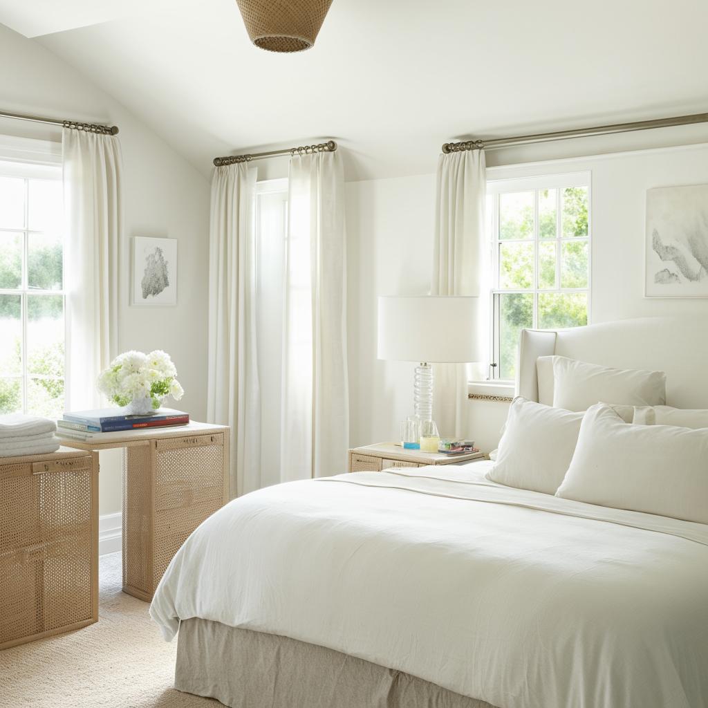 A calming and inviting bedroom with a light color theme. The room should contain essentials like a bed, nightstands, and lamps, all adhering to the light and airy color palette.