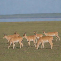 A group of Saiga antelopes peacefully grazing in an untouched, expansive grassland, signifying Saiga conservation and preservation of habitat and biodiversity.