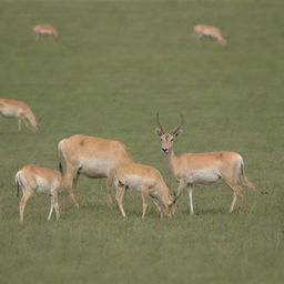 A group of Saiga antelopes peacefully grazing in an untouched, expansive grassland, signifying Saiga conservation and preservation of habitat and biodiversity.