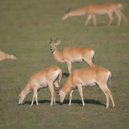 A group of Saiga antelopes peacefully grazing in an untouched, expansive grassland, signifying Saiga conservation and preservation of habitat and biodiversity.