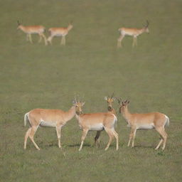 A group of Saiga antelopes peacefully grazing in an untouched, expansive grassland, signifying Saiga conservation and preservation of habitat and biodiversity.