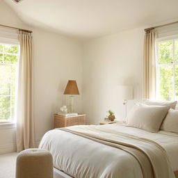 A calming and inviting bedroom with a light color theme. The room should contain essentials like a bed, nightstands, and lamps, all adhering to the light and airy color palette.