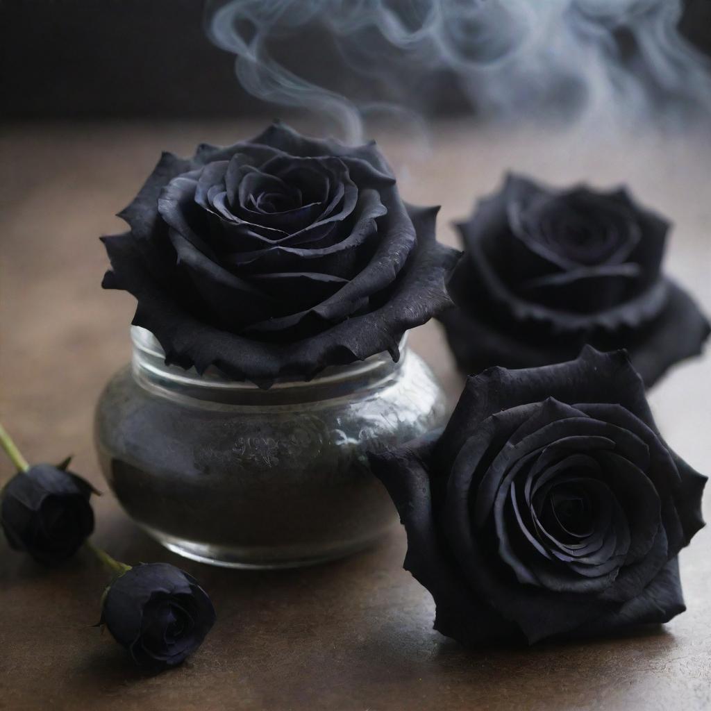 A mystical scene featuring dark black roses subtly enveloped in the gently tangling curls of fragrant incense smoke.