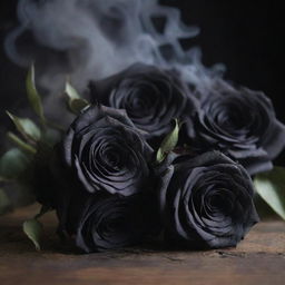 A mystical scene featuring dark black roses subtly enveloped in the gently tangling curls of fragrant incense smoke.