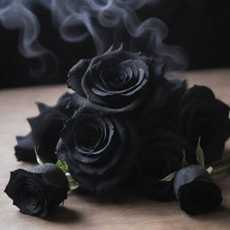 A mystical scene featuring dark black roses subtly enveloped in the gently tangling curls of fragrant incense smoke.