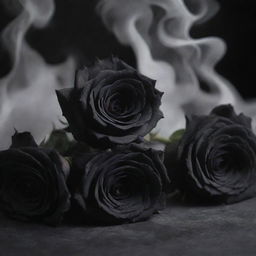 A mystical scene featuring dark black roses subtly enveloped in the gently tangling curls of fragrant incense smoke.