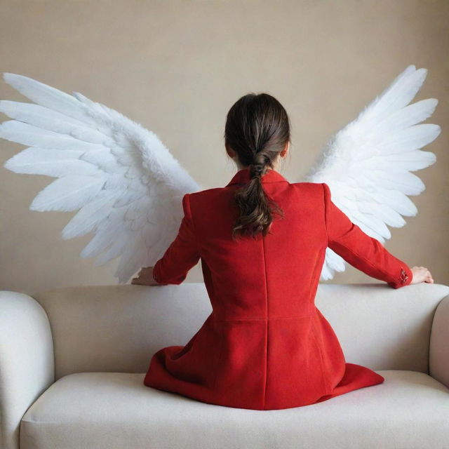 A girl in a vivid red jacket, sitting gracefully on a plush sofa, ethereal wings unfolding from her back.