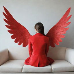 A girl in a vivid red jacket, sitting gracefully on a plush sofa, ethereal wings unfolding from her back.