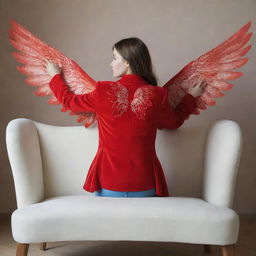 A girl in a vivid red jacket, sitting gracefully on a plush sofa, ethereal wings unfolding from her back.