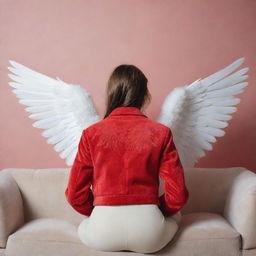 A girl in a vivid red jacket, sitting gracefully on a plush sofa, ethereal wings unfolding from her back.