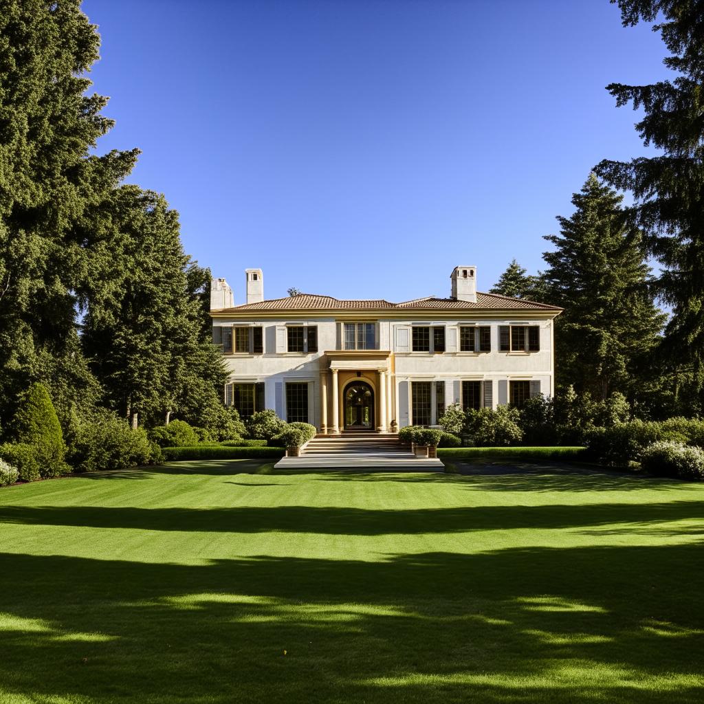 A beautiful, luxurious home with lush green lawns, a broad driveway, and tall, majestic trees surrounding it, against a backdrop of a clear, blue sky.