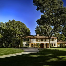 A beautiful, luxurious home with lush green lawns, a broad driveway, and tall, majestic trees surrounding it, against a backdrop of a clear, blue sky.