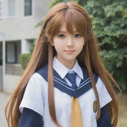 Anime girl with long caramel hair, wearing a traditional high-school uniform