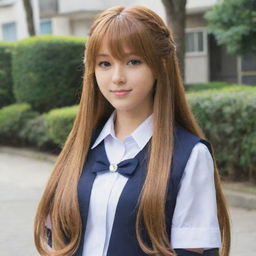 Anime girl with long caramel hair, wearing a traditional high-school uniform