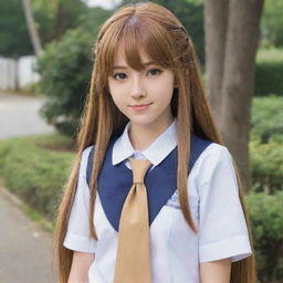 Anime girl with long caramel hair, wearing a traditional high-school uniform