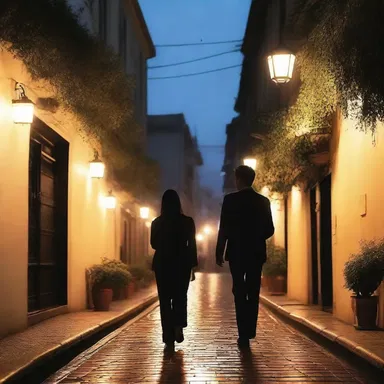 The couple took a stroll along the plumbous path, enjoying the romantic ambiance of the dimly lit street.