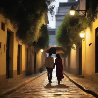 The couple took a stroll along the plumbous path, enjoying the romantic ambiance of the dimly lit street.
