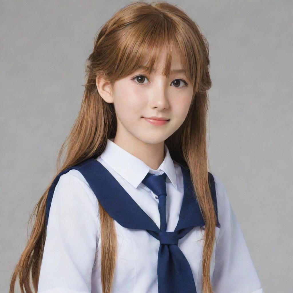 Anime girl with long caramel hair, wearing a traditional high-school uniform