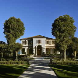 A beautiful, luxurious home with lush green lawns, a broad driveway, and tall, majestic trees surrounding it, against a backdrop of a clear, blue sky.