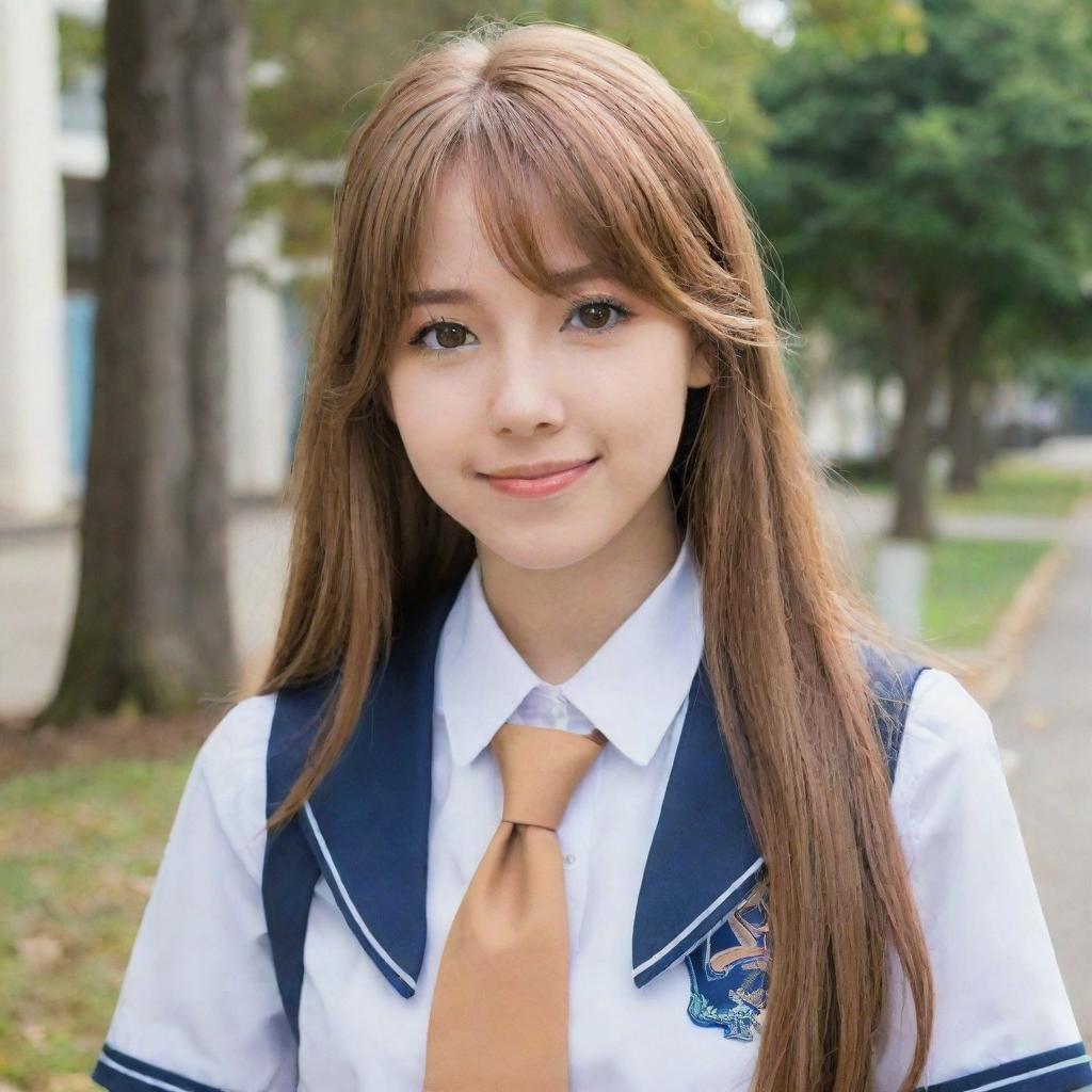 Anime-style girl with long caramel hair, dressed in a high-school uniform