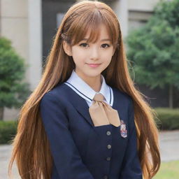 Anime-style girl with long caramel hair, dressed in a high-school uniform