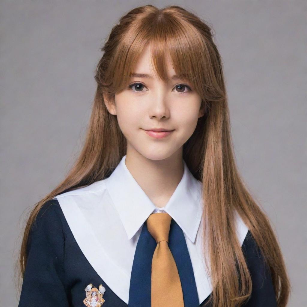 Anime-style girl with long caramel hair, dressed in a high-school uniform