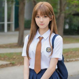 Anime-style girl with long caramel hair, dressed in a high-school uniform