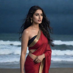 A woman in a radiant red saree with long flowing black hair against a stormy beach moonlit night backdrop.