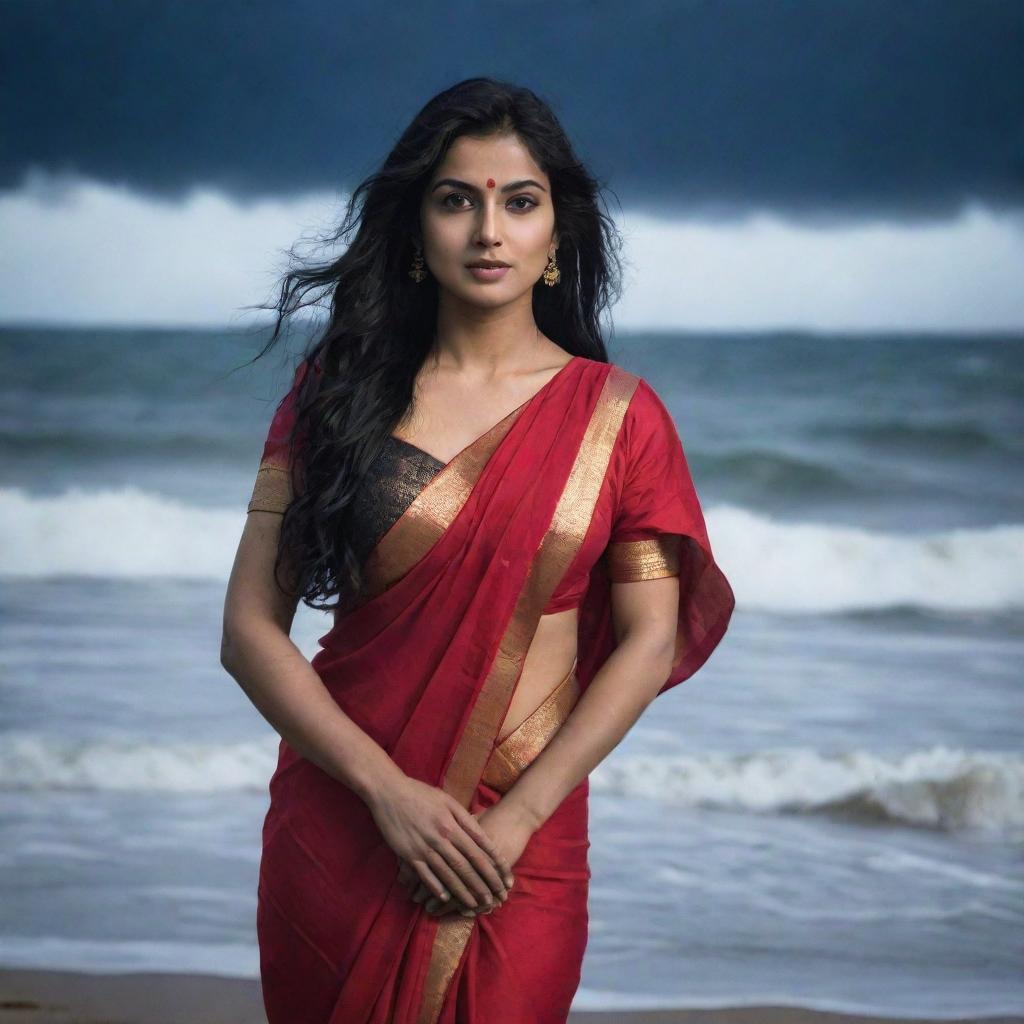 A woman in a radiant red saree with long flowing black hair against a stormy beach moonlit night backdrop.