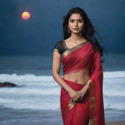 A woman in a radiant red saree with long flowing black hair against a stormy beach moonlit night backdrop.