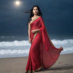 A woman in a radiant red saree with long flowing black hair against a stormy beach moonlit night backdrop.