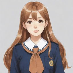 Hand-drawn style anime girl with long caramel hair in a high-school uniform